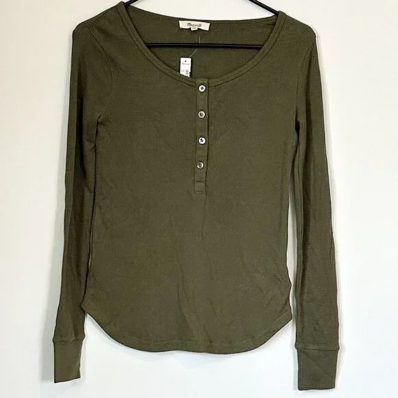 NWT Madewell Olive Green Waffle-Knit Scoopneck Henley Tee - XXS - Picture 2 of 8